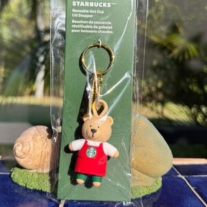 NWT Starbucks Red Apron Bearista Bear Reusable Hot Cup Lid Stopper Keychain